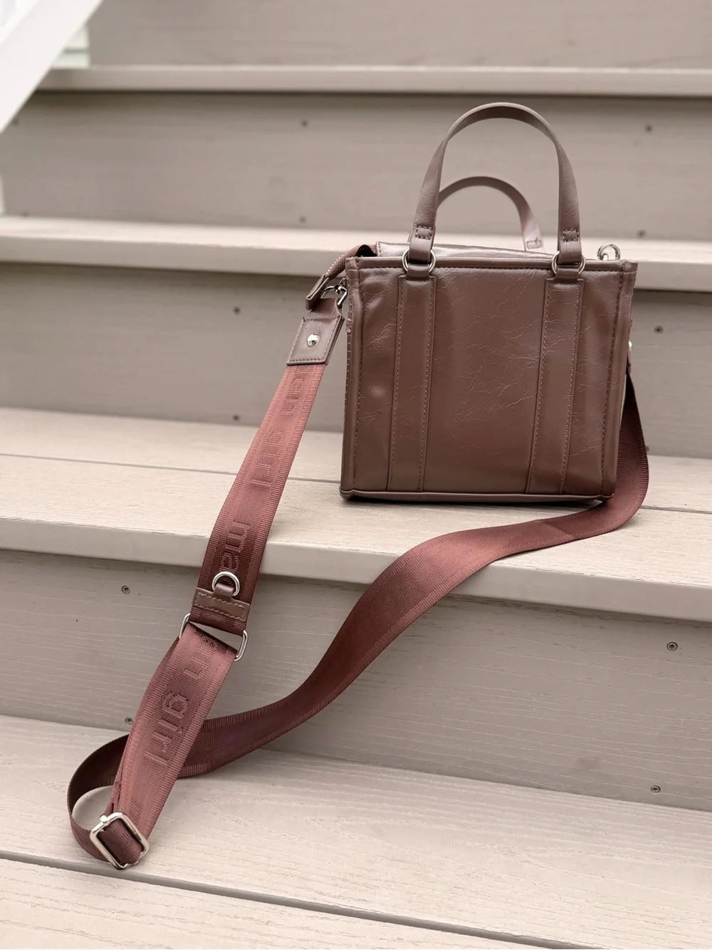 Madden Girl Brown Satchel Crossbody Bag with Branded Strap & Animal Print Pouch